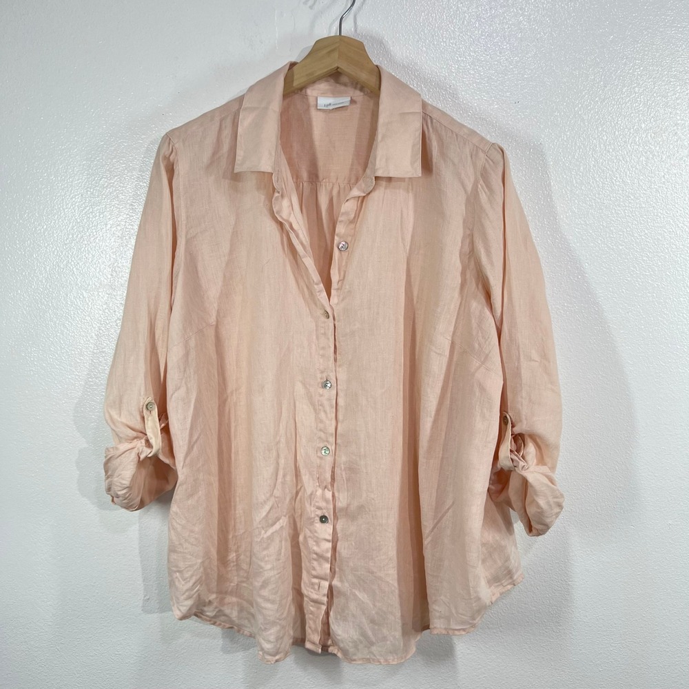 J Jill Linen Tab Sleeve A-Line Shirt Womens Large L Peach Pink Button Down Tunic - Picture 2 of 10